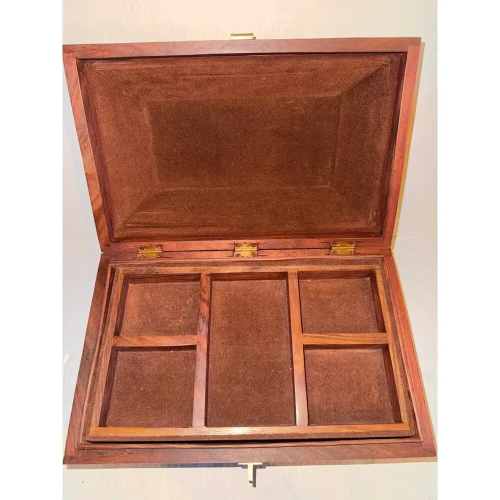 Vintage Hand-Carved Anglo-Indian Jewelry Box in Teak Wood with floral inlay